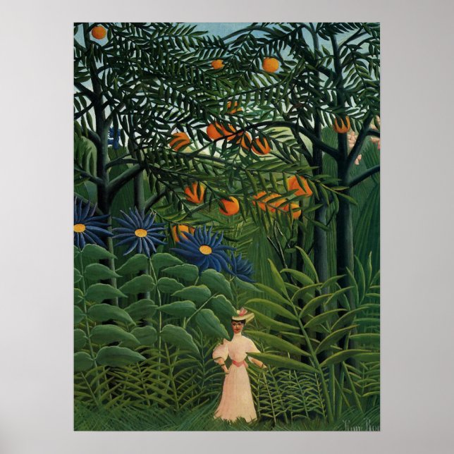 Póster Mulher andando em uma floresta exótica (Frente)