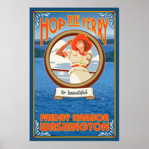 Poster Mulher Andando Ferry - Sexta-feira Harbor, Washing