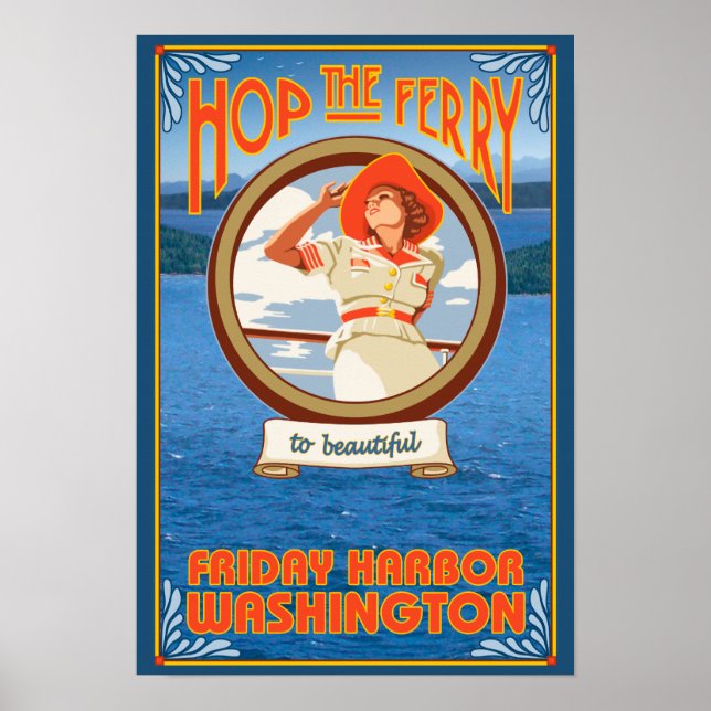 Poster Mulher Andando Ferry - Sexta-feira Harbor, Washing (Frente)