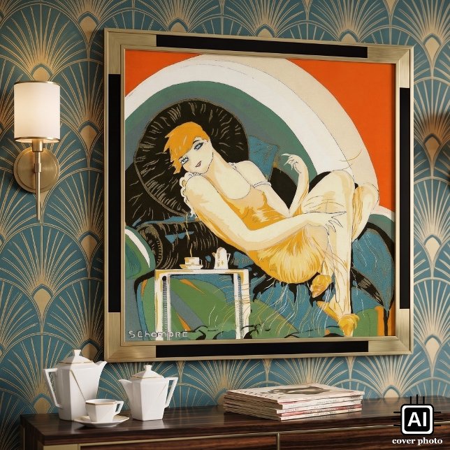 Póster Mulher Art Déco Antiga Reclinada no Sofá, Chompre (Reclining Woman by S. Chompre. Vintage Art Deco from "Femmes Modernes," 1926 )
