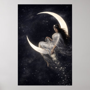 Poster Mulher Art Nouveau Celestial na Lua Crescente