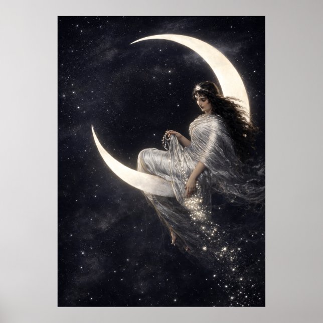 Poster Mulher Art Nouveau Celestial na Lua Crescente (Frente)