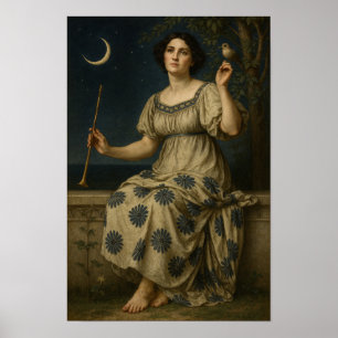 Poster Mulher Art Nouveau com Clarinete e Lua Crescente