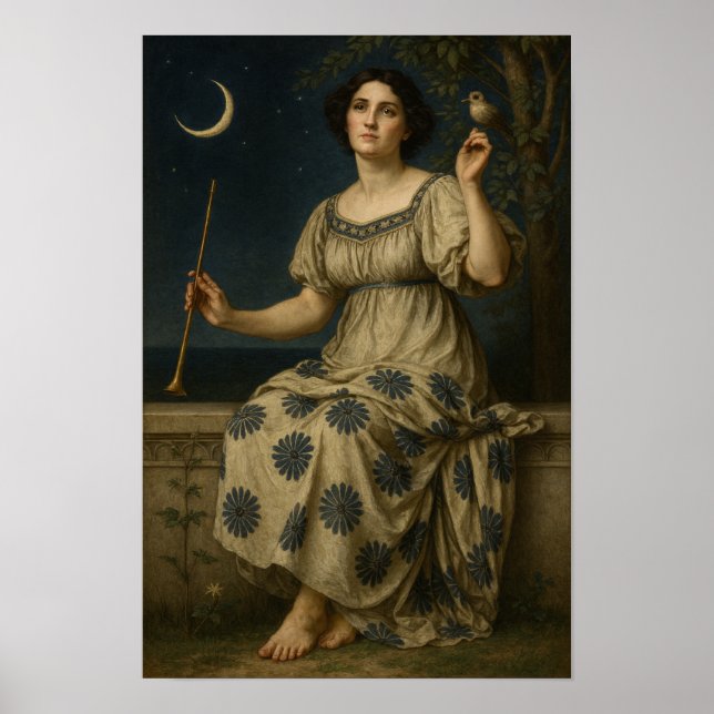 Poster Mulher Art Nouveau com Clarinete e Lua Crescente (Frente)