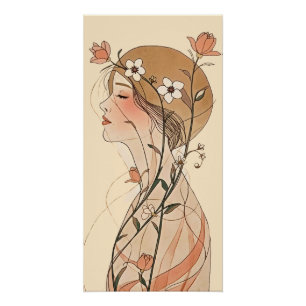 Póster Mulher Art Nouveau com flores da primavera