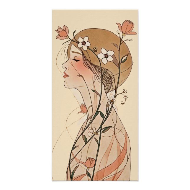 Póster Mulher Art Nouveau com flores da primavera  (Frente)