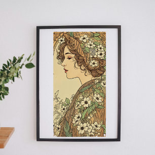 Póster Mulher Art Nouveau com flores da primavera