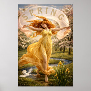 Poster Mulher Art Nouveau em um Prado Florido