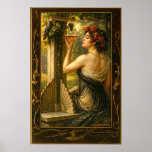 Poster Mulher Art Nouveau em Vinha com Vinho