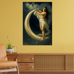 Poster Mulher Art Nouveau montando uma lua crescente