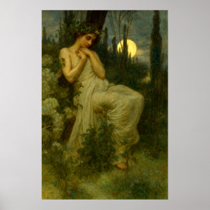 Poster Mulher Art Nouveau no Jardim Sob a Lua de Junho