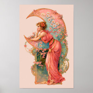 Poster Mulher Art Nouveau Retrô & Lua Crescente