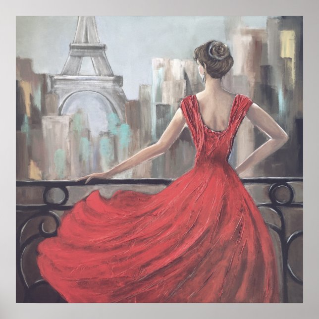 Poster Mulher Artística em vestido vermelho em Paris (Frente)