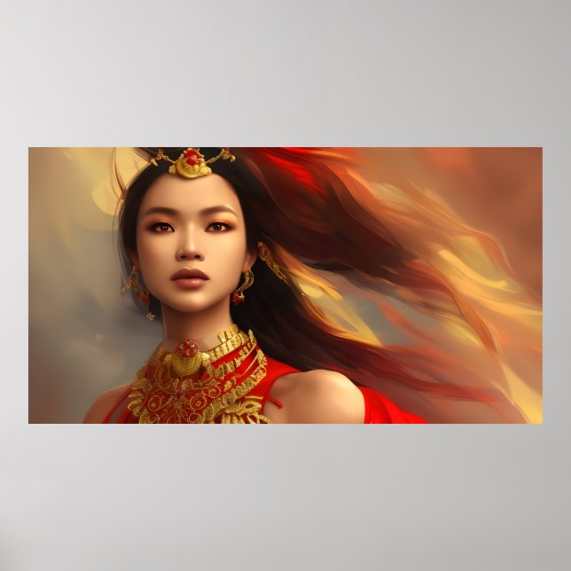 Poster Mulher asiática indonésia bonita dourada vermelha (Frente)
