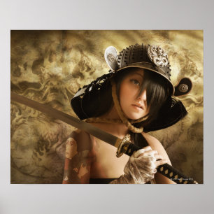 Poster Mulher asiática vestida de samurai