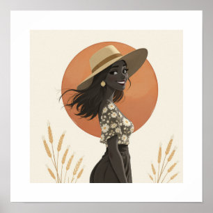 Poster Mulher Boho Minimalista Chapéu de Palha Estética A