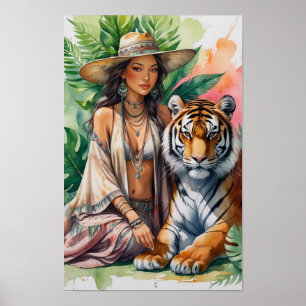 Poster Mulher boho serena e linda e seu tigre