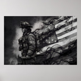 Poster Mulher Bombeira Fumaça Tributo à Bandeira American