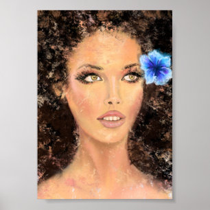 Poster Mulher Bonita com Flor Azul - Pintura Original 