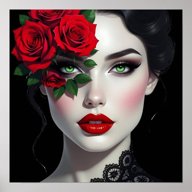 Poster Mulher Bonita com Rosa Vermelha (Frente)
