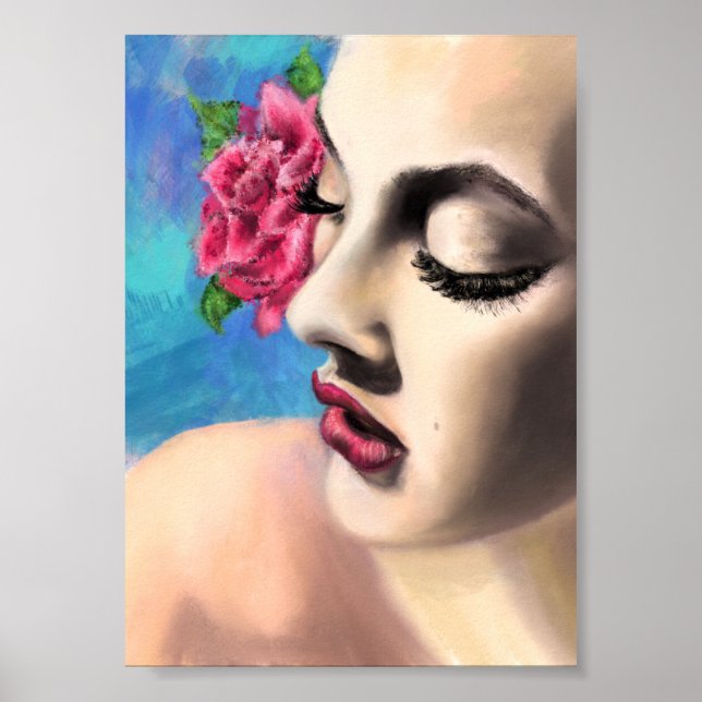 Poster Mulher Bonita com Rosa Vermelha - Arte de Pintura  (Frente)