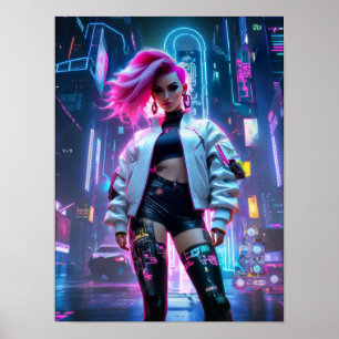 Poster Mulher bonita Cyberpunk na futura cidade