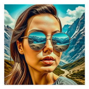 Póster Mulher Bonita de Óculos de Sol Reflexo da Montanha