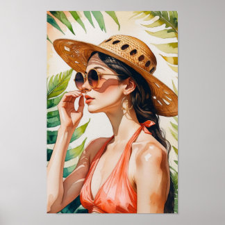 Poster Mulher Bonita em Rosa Água-Marinha