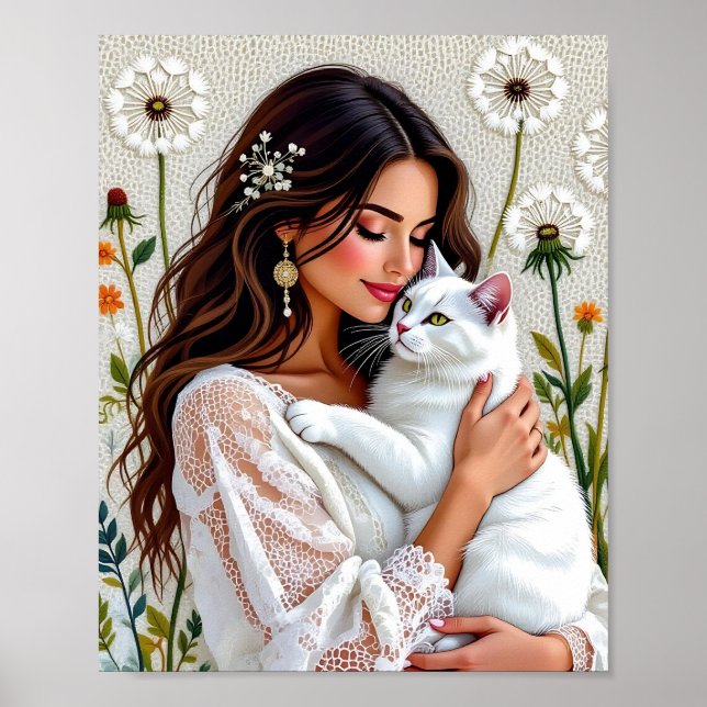 Poster Mulher Bonita, Gato e Dentes-de-Leão (Frente)