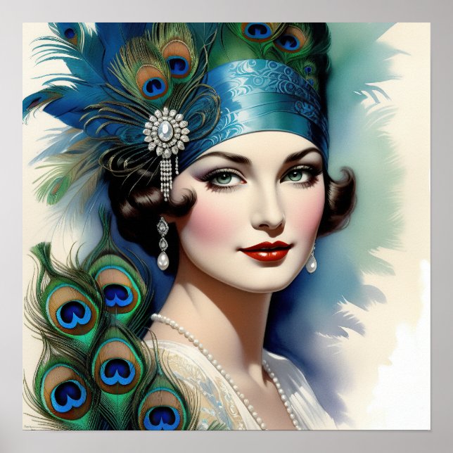 Poster Mulher Bonita Pavão dos Anos Vinte Ruidosos (Frente)