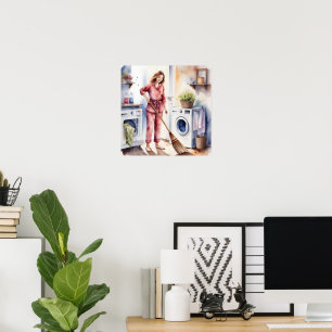 Poster Mulher bonitinha de pijama fazendo lavanderia ador