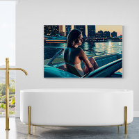 Mulher brasileira em iate na pintura solar