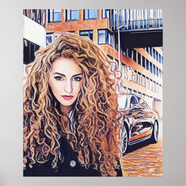 Poster Mulher Cabeça Vermelha na Cidade abstrato art (Frente)