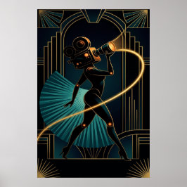 Poster Mulher Câmera Art Déco Surrealista Silhueta Dourad