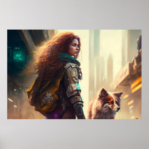 Poster Mulher caminhando seu cachorro em uma cidade do fu