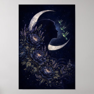 Poster Mulher Celestial Silhueta com Flores e Beija-flor