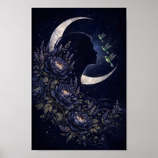 Poster Mulher Celestial Silhueta com Flores e Beija-flor (Frente)