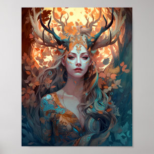 Poster Mulher com Antlers Fantasy Art