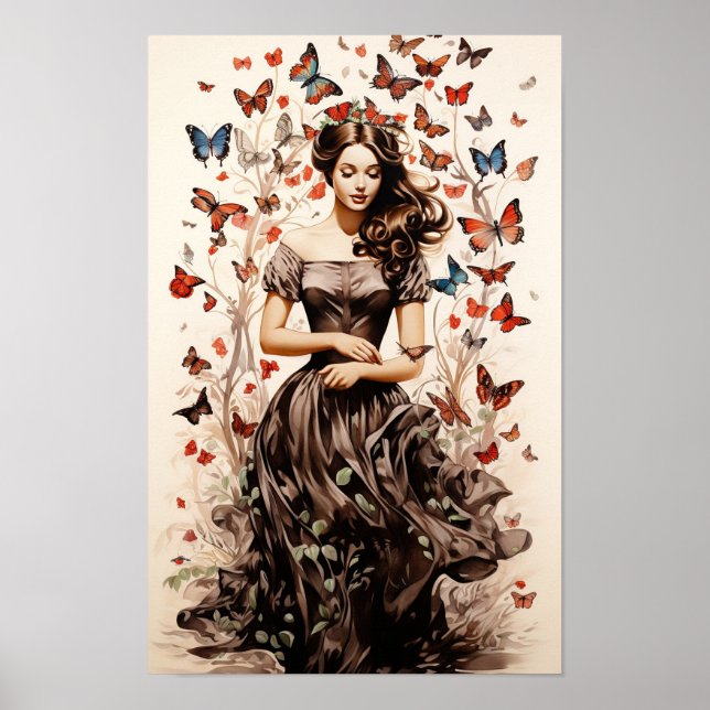 Poster - Mulher com Borboletas Arte Borboleta (Frente)