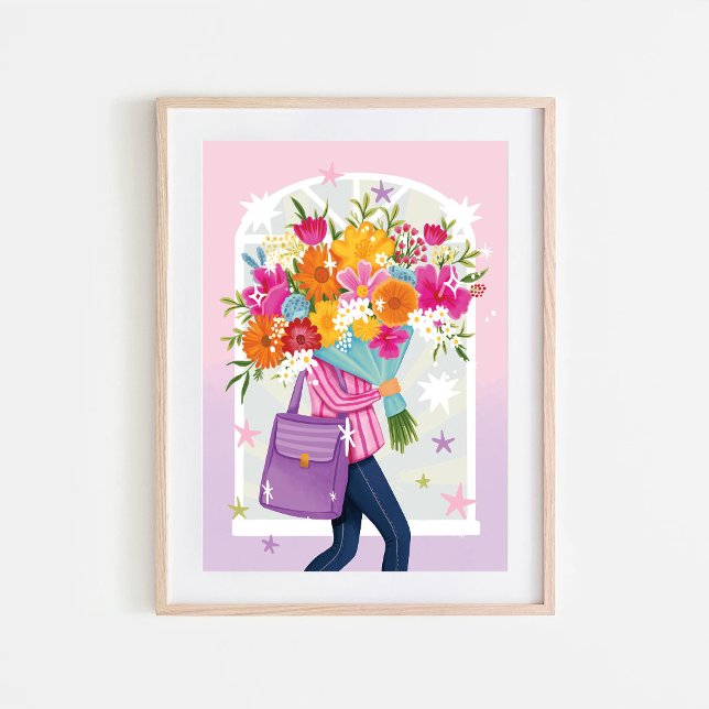 Poster Mulher com Buquê Floral Ilustração Colorida (Criador carregado)
