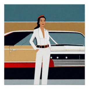 Póster Mulher com Carro Retrô