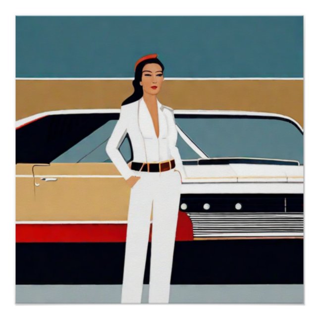 Póster Mulher com Carro Retrô (Frente)