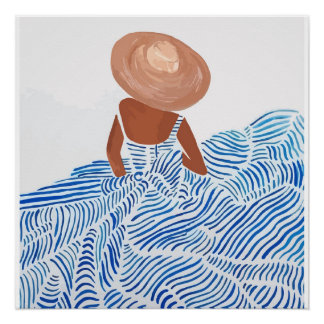 Póster Mulher com Chapéu de Palha Vestido Azul – Costa Mi