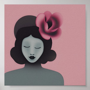 Poster Mulher com chapéu floral rosa e cinza arte minimal
