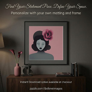 Poster Mulher com chapéu floral rosa e cinza arte minimal