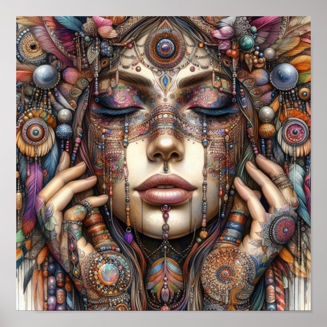 Poster Mulher com Elaborada Ornamentação Baseada em Triba (Frente)