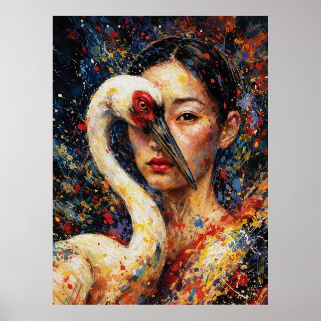 Poster Mulher com Garça Manchas Coloridas (Frente)