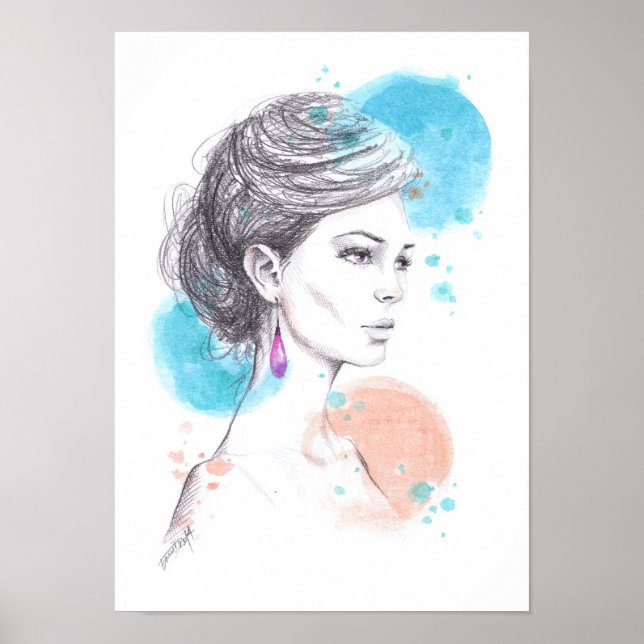 Poster Mulher com ilustração de Moda de brinco Esboço (Frente)