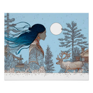 Póster Mulher com rena na neve por cabana de madeira