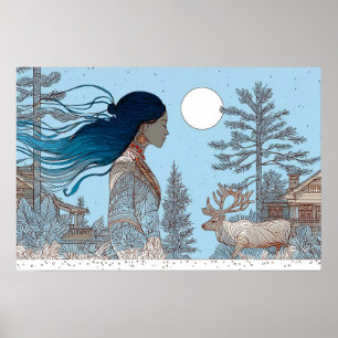 Poster Mulher com rena na neve por cabana de madeira